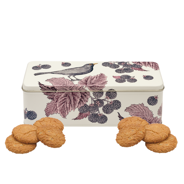 Blackbird & Bramble Long Rectangle Tin, Filled with Biscuits