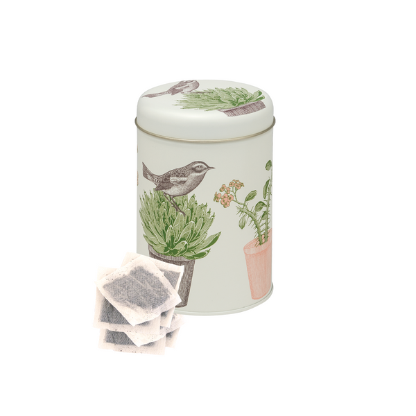 Cactus & Bird Round Tin Caddy, Filled with English Breakfast Tea