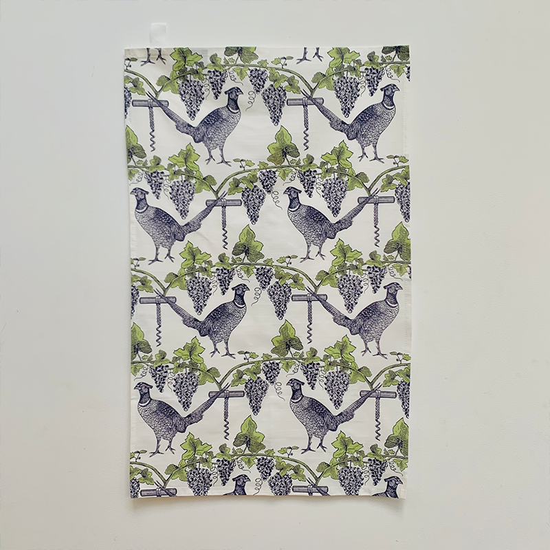 Pheasant & Vine Tea Towel, Mint Green & Blue