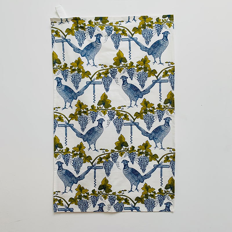 Pheasant & Vine Tea Towel, Lime Green & Blue