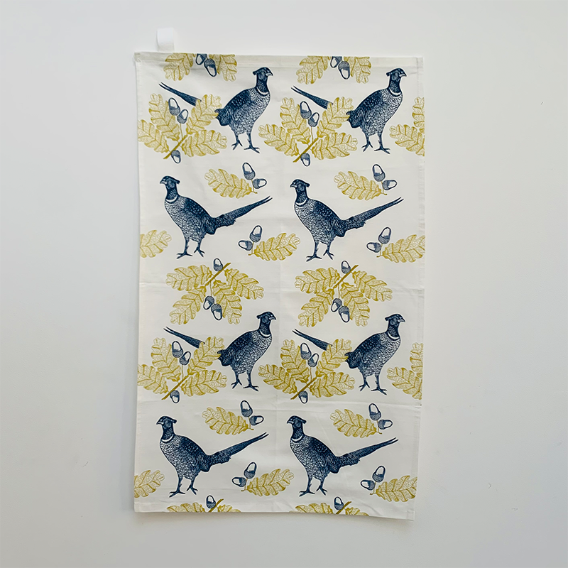 Pheasant & Oak Tea Towel, Lime Green & Blue