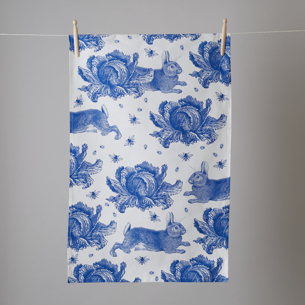 Rabbit & Cabbage Tea Towel, Delft Blue