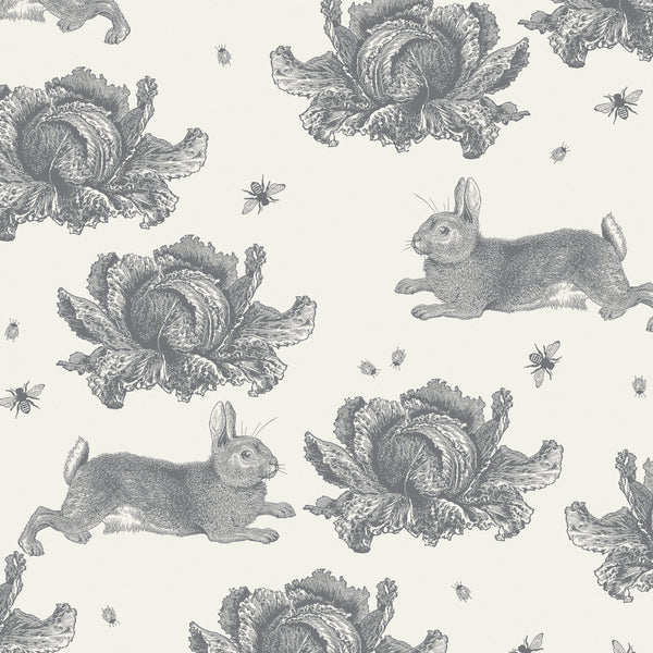 Rabbit & Cabbage Oilcloth Sample, Grey